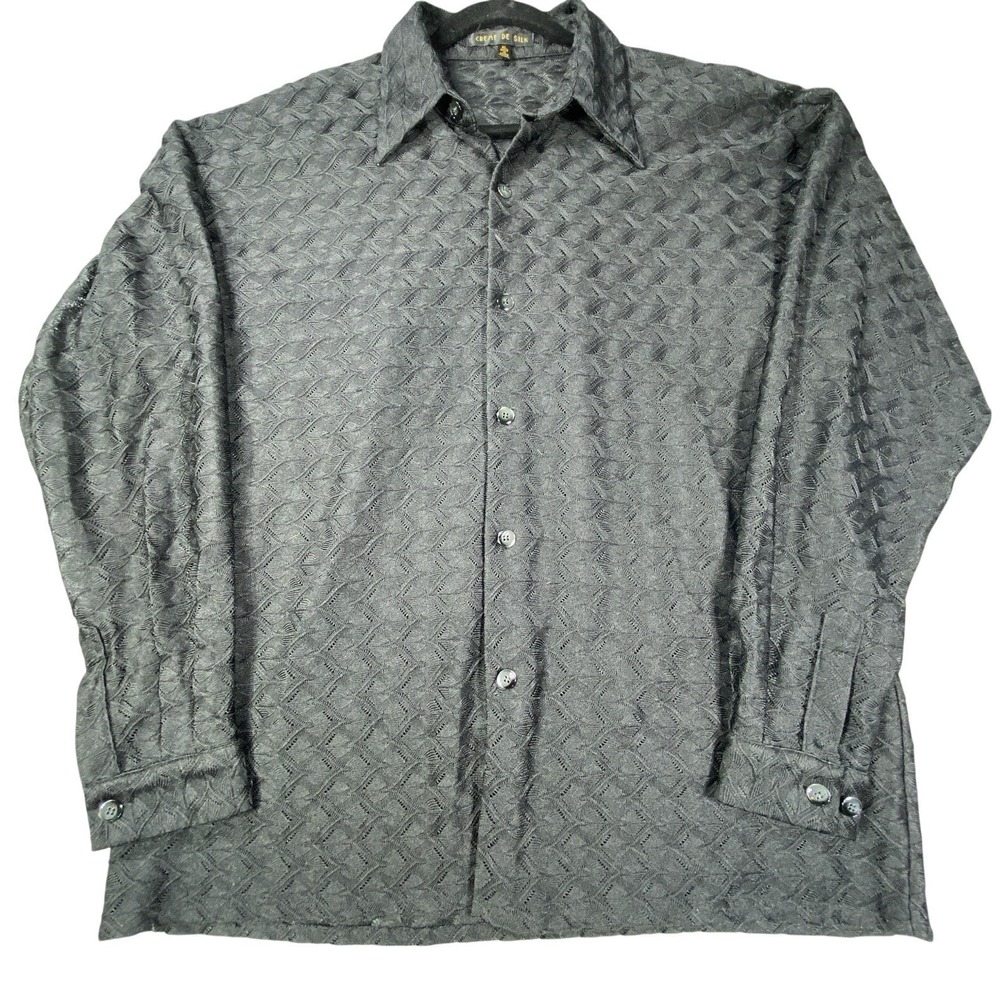VTG Creme De Silk Shirt XL Men Black Sheer Lace Night Life Clubwear Knit Texture